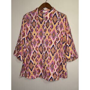 Chico's No Iron Button Top Women's 3 XL 18 100% Linen 3/4 Sleeve Colorful Blouse